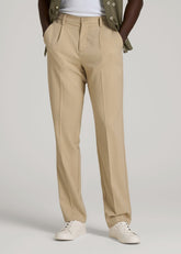 Relaxed Pleated Trousers for Tall Men in Light Khaki