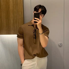 Men's New Trendy Korean-Style Knitted Short-Sleeve T-Shirt - Collared Polo Shirt with Textured Details Casual Summer T-Shirt