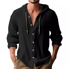 New Spring and Summer Men's Hooded T-shirt Solid Linen Men's Casual Long-sleeved T-shirt Top