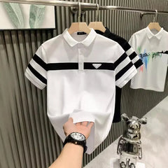 Black & White Striped Collar Polo Shirt - Luxury Men's Short Sleeve Trendy Brand Fashion Versatile Top