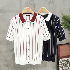 Summer New Arrival Men's Striped Cardigan Polo Shirt Relaxed Fit Lapel Short Sleeve Knitted Top