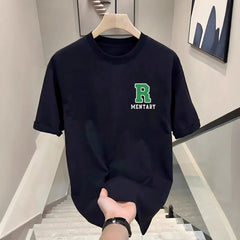 Cotton New Fashionable Men's Letter R Printed Casual Short-sleeved Top Heavy Cotton Round Neck Slim Fit T-shirt