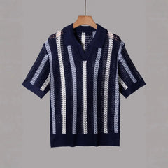 Men's Summer Short-Sleeve Minimalist Designer Geometric Color-Block Striped Crew Neck Knit Top