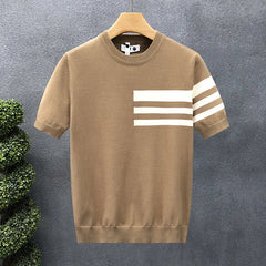 Men's New Summer Short-Sleeve Striped Minimalist Business Smart-Casual Slim-Fit Ice Silk T-Shirt