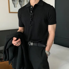 Men's New Trendy Korean-Style Knitted Short-Sleeve T-Shirt - Collared Polo Shirt with Textured Details Casual Summer T-Shirt