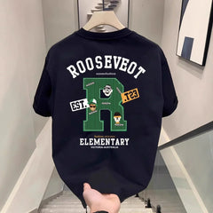 Cotton New Fashionable Men's Letter R Printed Casual Short-sleeved Top Heavy Cotton Round Neck Slim Fit T-shirt