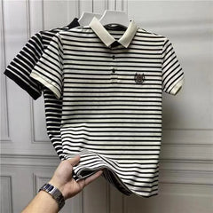 Summer Men's Striped Embroidered Polo Shirt European American Trendy Lapel Short Sleeve Top Plus Size T-shirt