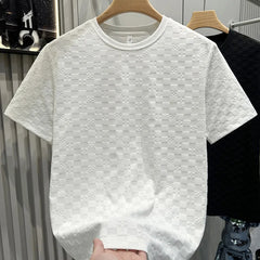 Summer Plaid Short-sleeved Men's Light Luxury Temperament Solid Color Casual Versatile Round Neck T-shirt Tops