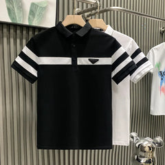 Black & White Striped Collar Polo Shirt - Luxury Men's Short Sleeve Trendy Brand Fashion Versatile Top