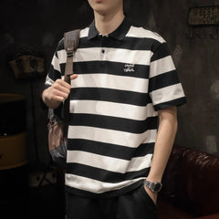 New American-style Black & White Striped Polo Shirt - Men's Relaxed Fit Short Sleeve Lapel Summer Top