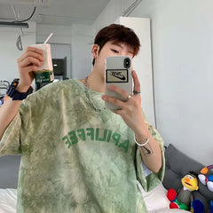 American Tie-Dye Short-Sleeved T-Shirt Men's Summer Ins New Loose Half-Sleeved T-Shirt for Teenagers