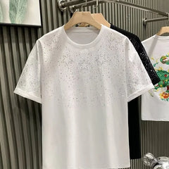 Cotton Rhinestone Collar Short Sleeve T-shirt Fashion Oversized Hip-Hop Heavy-Duty Cotton Men's T-shirt