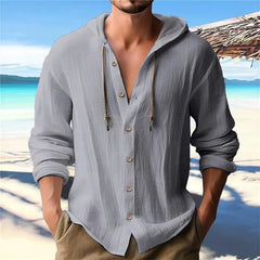 New Spring and Summer Men's Hooded T-shirt Solid Linen Men's Casual Long-sleeved T-shirt Top