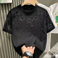 Cotton Rhinestone Collar Short Sleeve T-shirt Fashion Oversized Hip-Hop Heavy-Duty Cotton Men's T-shirt