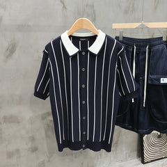 Summer New Arrival Men's Striped Cardigan Polo Shirt Relaxed Fit Lapel Short Sleeve Knitted Top