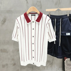 Summer New Arrival Men's Striped Cardigan Polo Shirt Relaxed Fit Lapel Short Sleeve Knitted Top