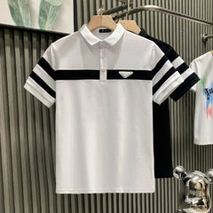 Black & White Striped Collar Polo Shirt - Luxury Men's Short Sleeve Trendy Brand Fashion Versatile Top