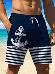 Men's 3D Anchor Print Beach Shorts - Quick-Dry and Casual Fit
