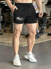 Men's Athletic Shorts "RUN" Print - Casual Drawstring, Green Gym Wear