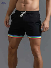 Men's Casual Athletic Shorts - Slim Fit Beige with Rainbow Stripes
