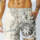 Quick-Dry Men's Swim Trunks - Nautical Compass Print, Woven Beachwear