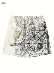 Quick-Dry Men's Swim Trunks - Nautical Compass Print, Woven Beachwear