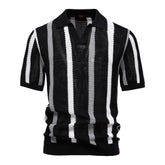 Summer New Breathable Hollow Men's Short-sleeved Jersey 100% Cotton Striped Knitted for Sweater