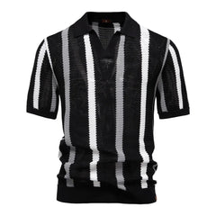 Summer New Breathable Hollow Men's Short-sleeved Jersey 100% Cotton Striped Knitted for Sweater