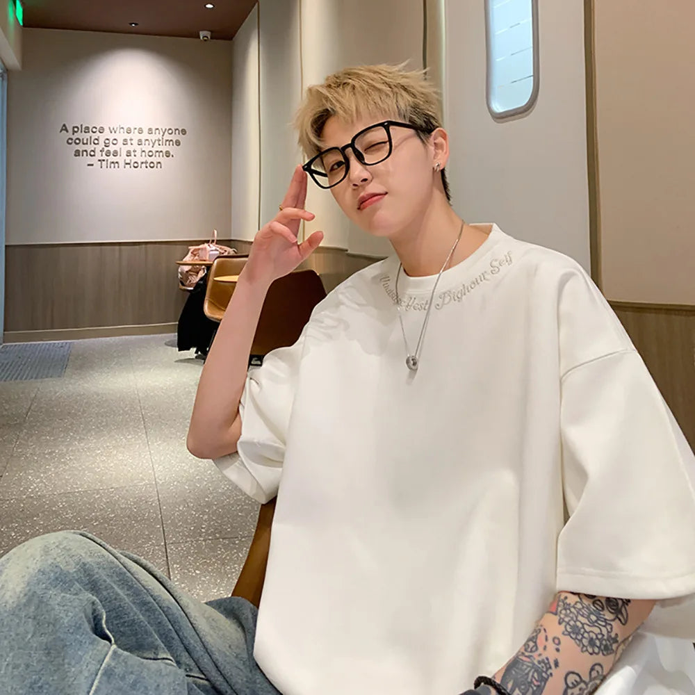 Suede Short-sleeved T-shirt Men's Summer New Fashion Brand Embroidered Plumpian Handsome Inner Half-sleeved Base T-shirt
