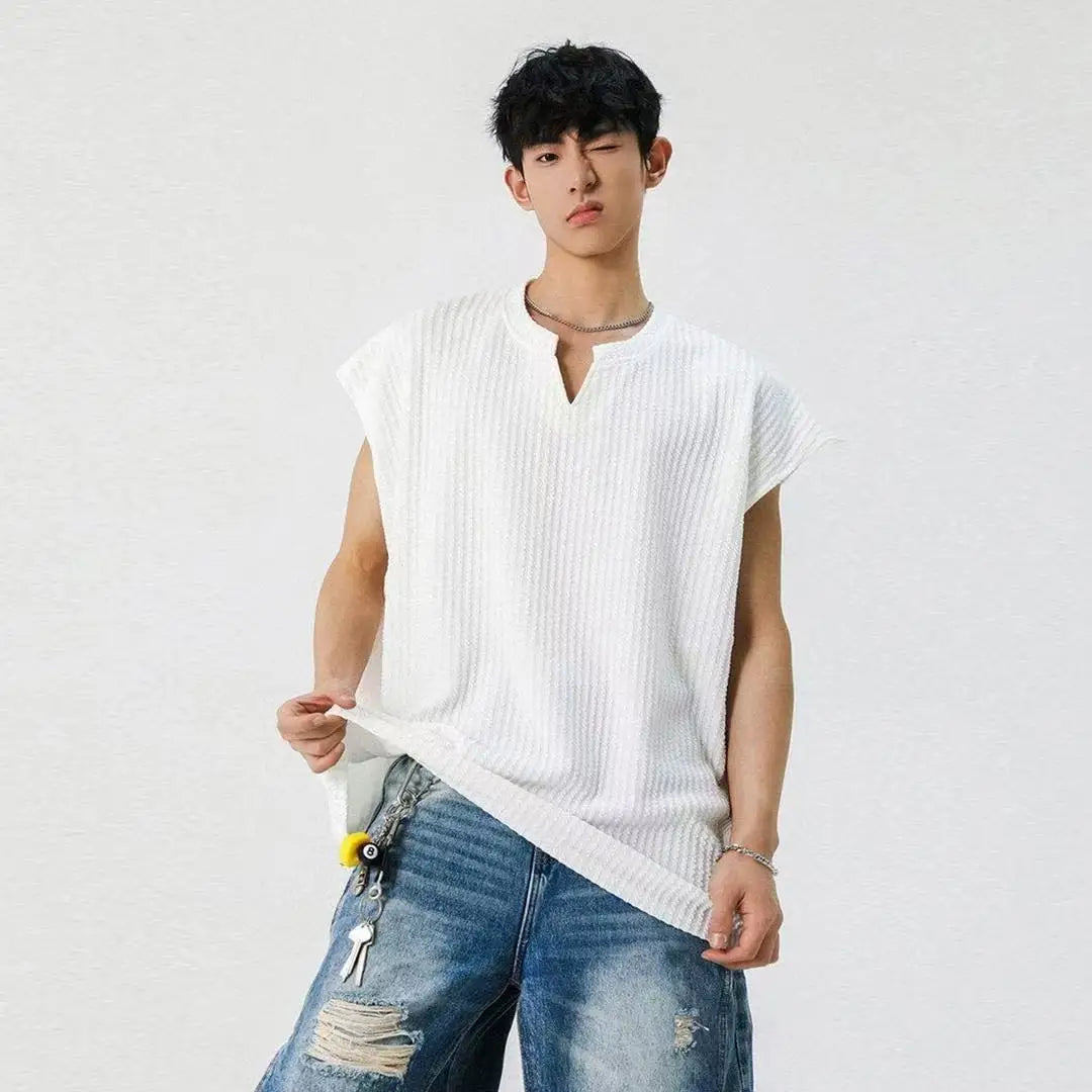 Textured V-neck Vest, Men's Summer New Quick-drying Sport Waistcoat, Wide-shoulder Sleeveless T-shirt