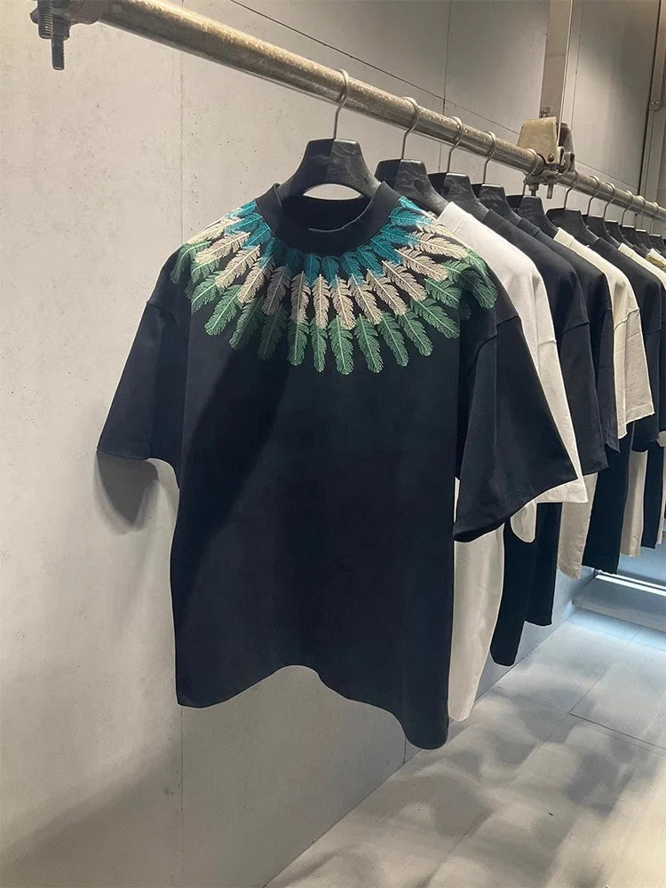 Summer Men's Retro Embroidered T-Shirt Short Sleeved Loose Casual Heavyweight High Street Style American T-shirt