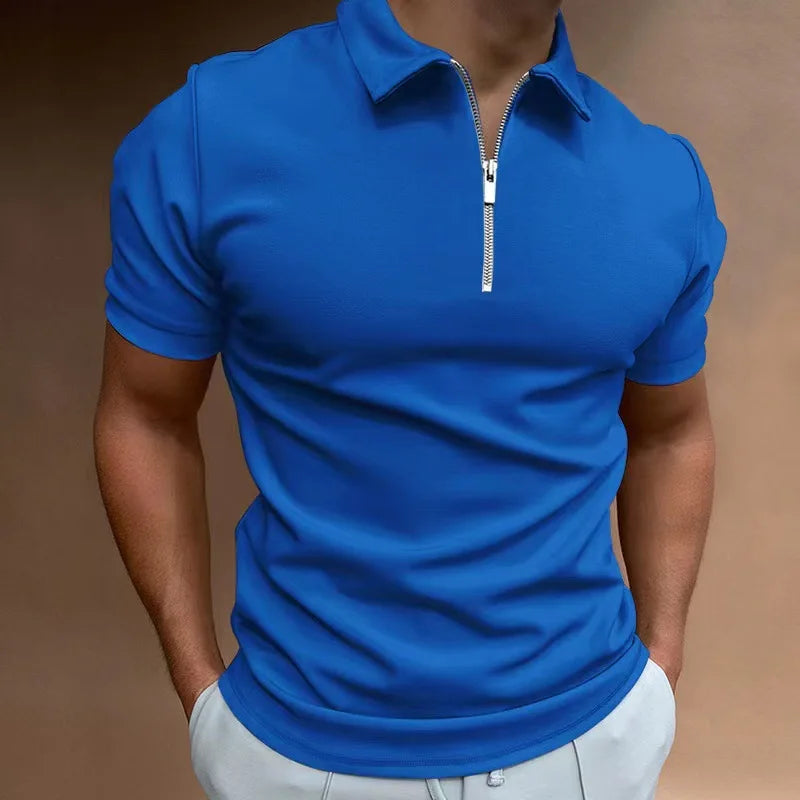 Men's Fashion Solid Color Short Sleeve Zipper Slim Fit Casual T-shirt