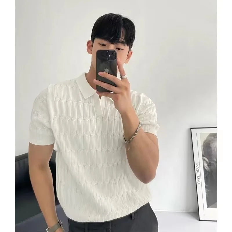 Summer Men's Knitted Short-sleeved Polo Shirt Korean Style Slim-fit Solid Color Ice Silk Casual Lasel Half-sleeved T-shirt