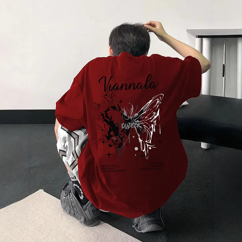 Cotton New Trendy Brand Men's Butterfly Graphic Tees Summer Cotton Cropped Sleeve High Street Edgy Unique