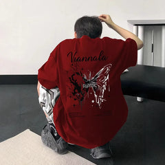 Cotton New Trendy Brand Men's Butterfly Graphic Tees Summer Cotton Cropped Sleeve High Street Edgy Unique