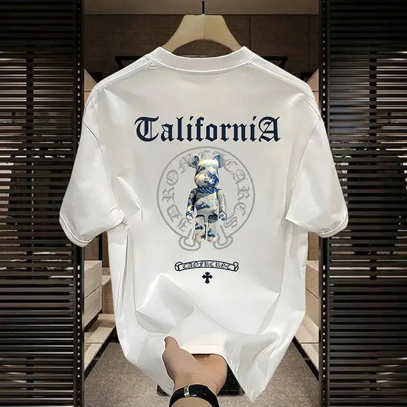 Cotton Men's Heavy Cotton T-shirt New Casual Fashion Loose Bear Printed Half Sleeve Top