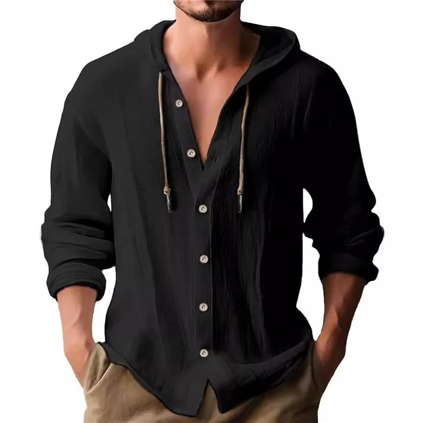New Spring and Summer Men's Hooded T-shirt Solid Linen Men's Casual Long-sleeved T-shirt Top