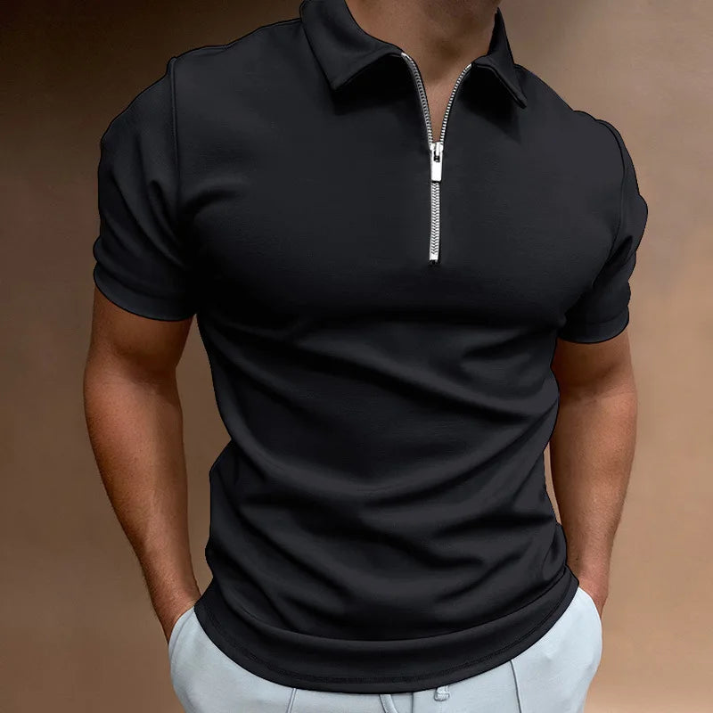 Men's Fashion Solid Color Short Sleeve Zipper Slim Fit Casual T-shirt