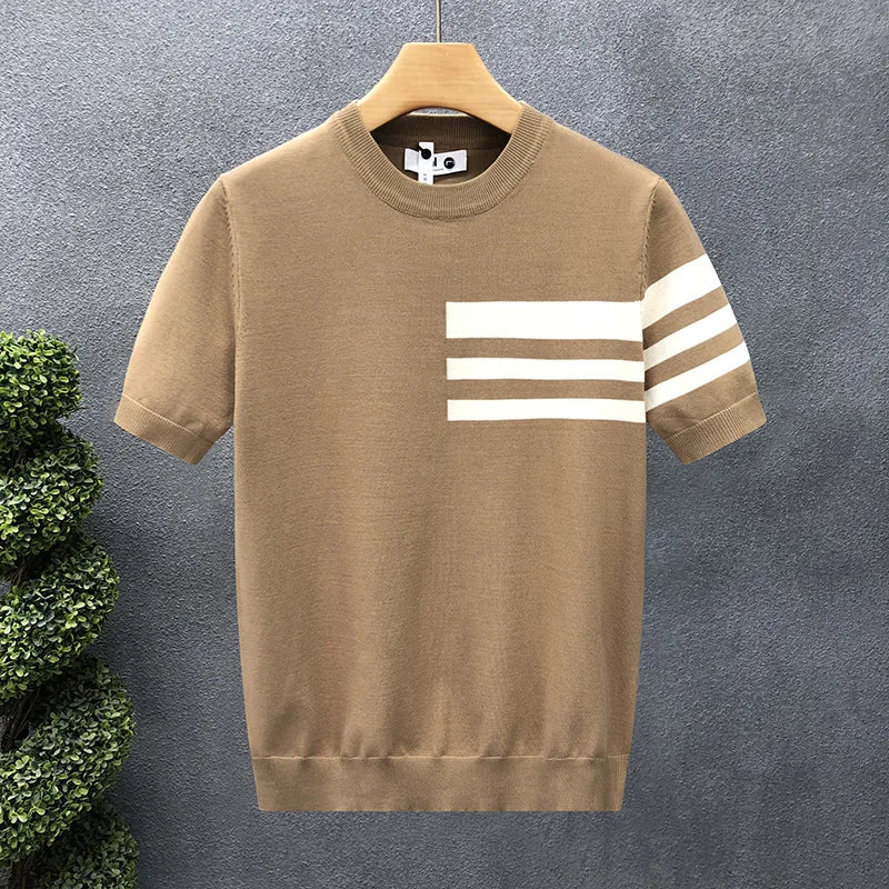 Men's New Summer Short-Sleeve Striped Minimalist Business Smart-Casual Slim-Fit Ice Silk T-Shirt