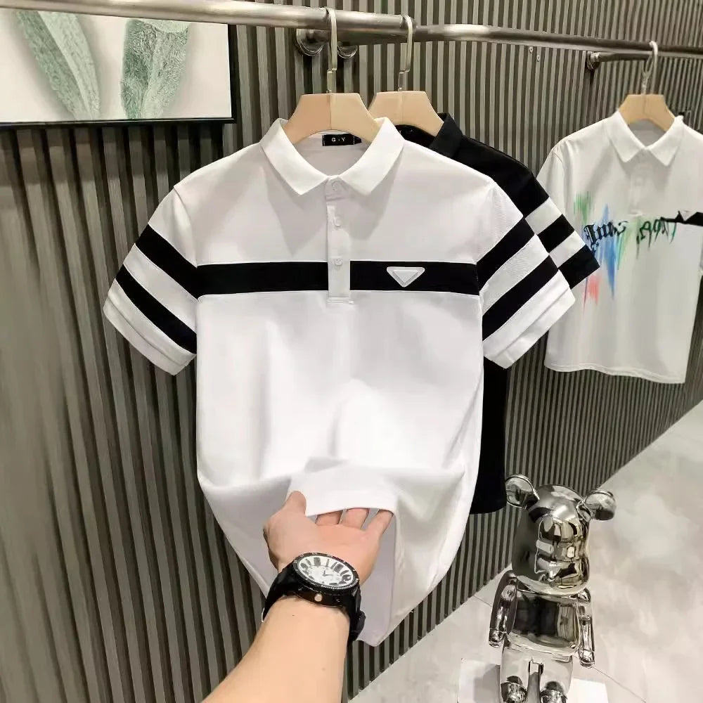 Black & White Striped Collar Polo Shirt - Luxury Men's Short Sleeve Trendy Brand Fashion Versatile Top
