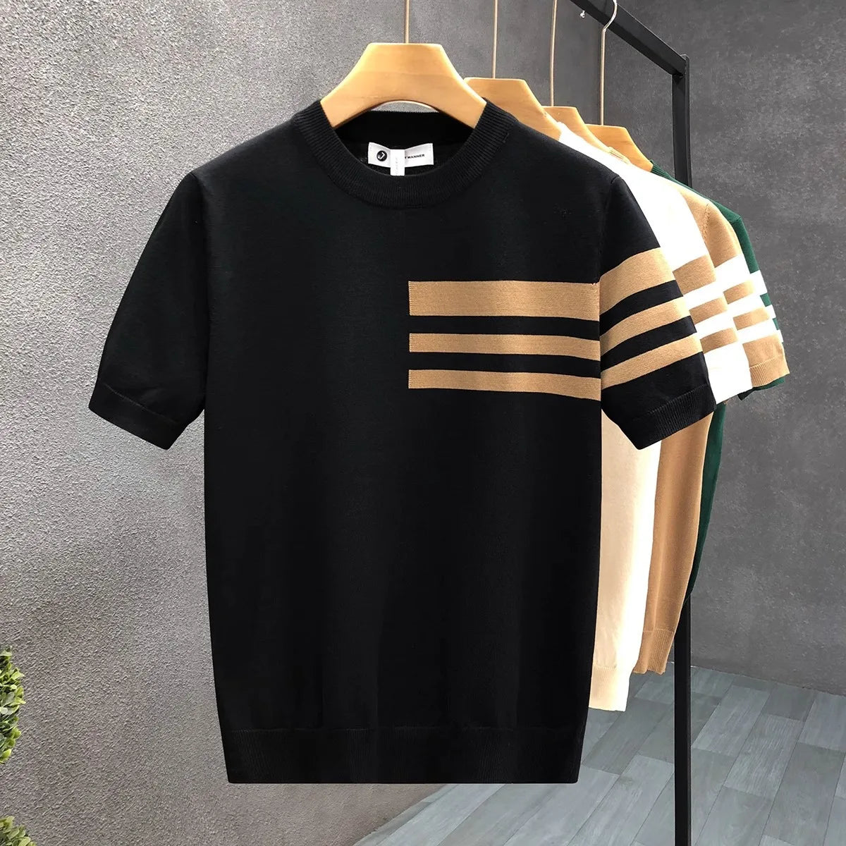 Men's New Summer Short-Sleeve Striped Minimalist Business Smart-Casual Slim-Fit Ice Silk T-Shirt