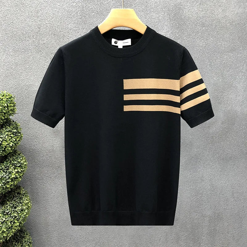 Men's New Summer Short-Sleeve Striped Minimalist Business Smart-Casual Slim-Fit Ice Silk T-Shirt
