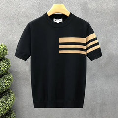 Men's New Summer Short-Sleeve Striped Minimalist Business Smart-Casual Slim-Fit Ice Silk T-Shirt