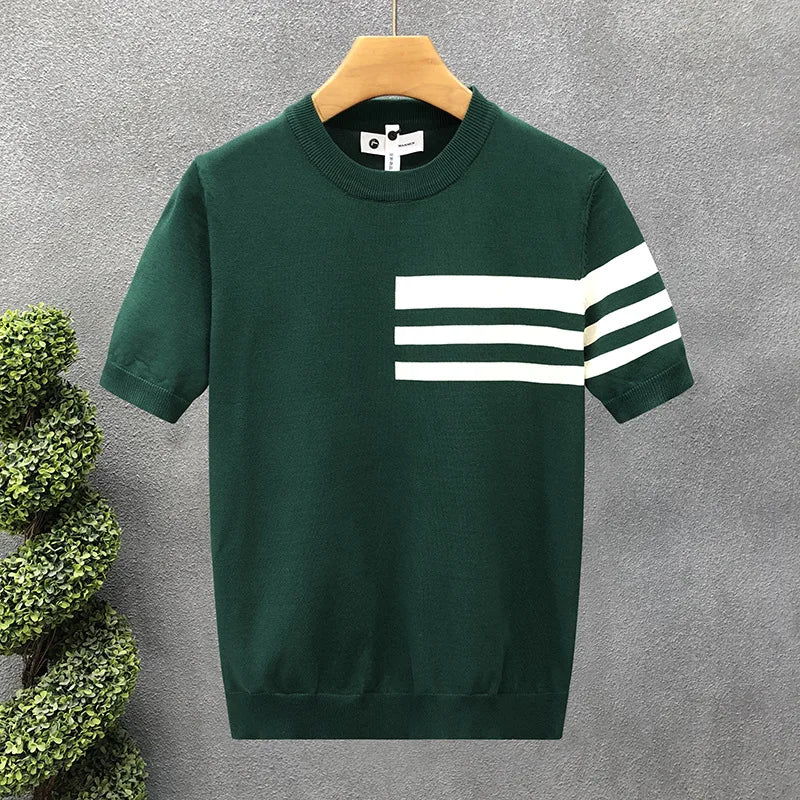 Men's New Summer Short-Sleeve Striped Minimalist Business Smart-Casual Slim-Fit Ice Silk T-Shirt