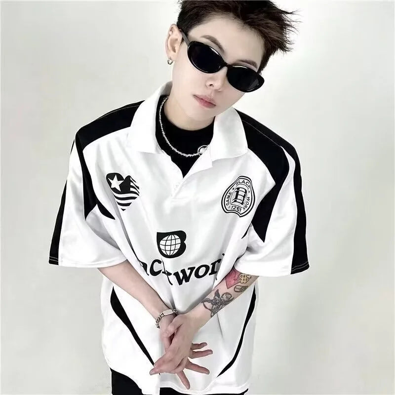 High Street Patchwork Short-sleeved Polo Shirt for Men in Summer New Loose American-style Retro Color-block Print Collar Top