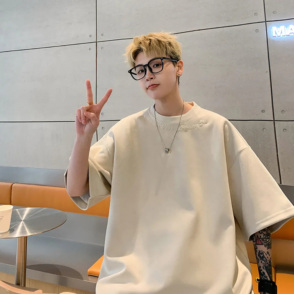 Suede Short-sleeved T-shirt Men's Summer New Fashion Brand Embroidered Plumpian Handsome Inner Half-sleeved Base T-shirt
