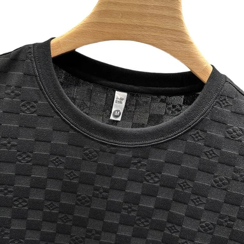 Summer Plaid Short-sleeved Men's Light Luxury Temperament Solid Color Casual Versatile Round Neck T-shirt Tops