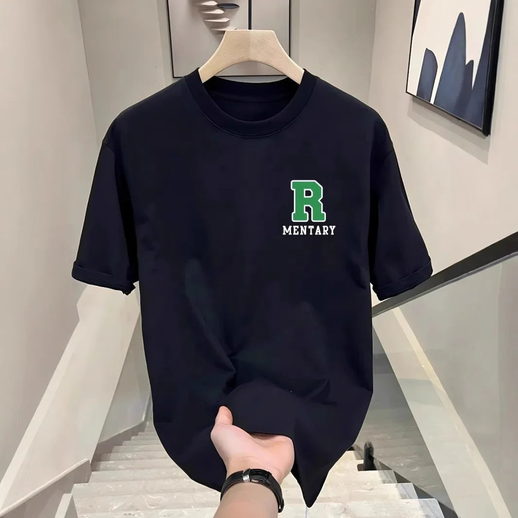 Cotton New Fashionable Men's Letter R Printed Casual Short-sleeved Top Heavy Cotton Round Neck Slim Fit T-shirt