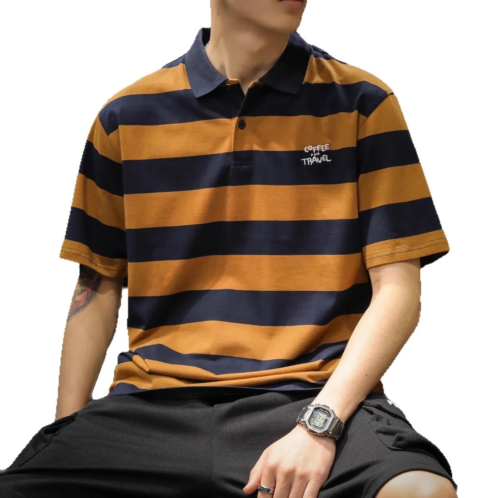 New American-style Black & White Striped Polo Shirt - Men's Relaxed Fit Short Sleeve Lapel Summer Top