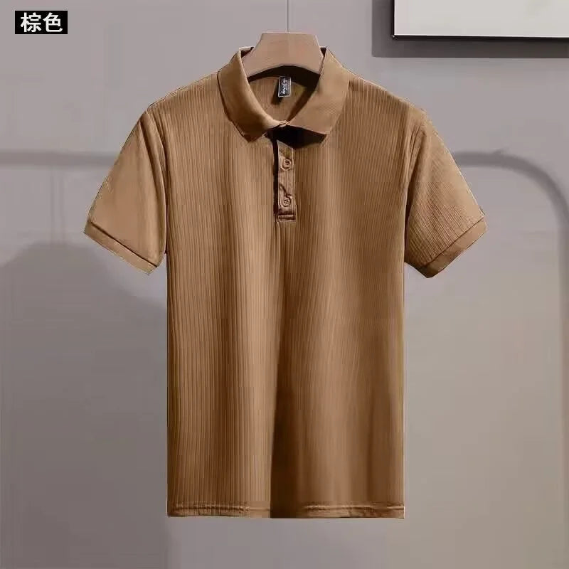 High Quality Men's Short Sleeve Polo Shirts Quick Dry Stripe Prints with Button Decoration Quality Polyester Fabric for Men
